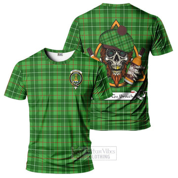 Galloway Tartan T-Shirt with Family Crest and Bearded Skull Holding Bottles of Whiskey