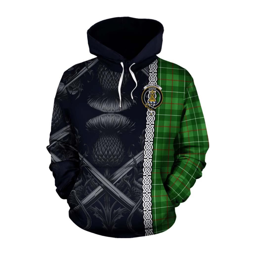 Tartan Vibes Clothing Galloway Tartan Cotton Hoodie with Family Crest Cross Sword Thistle Celtic Vibes