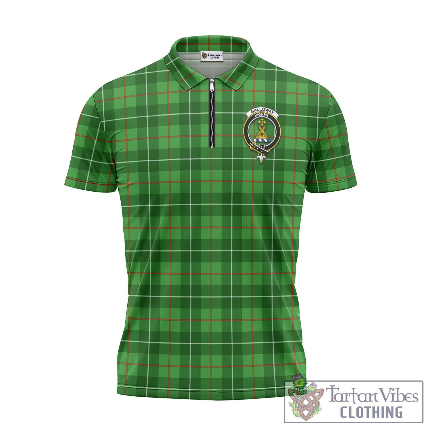 Tartan Vibes Clothing Galloway Tartan Zipper Polo Shirt with Family Crest