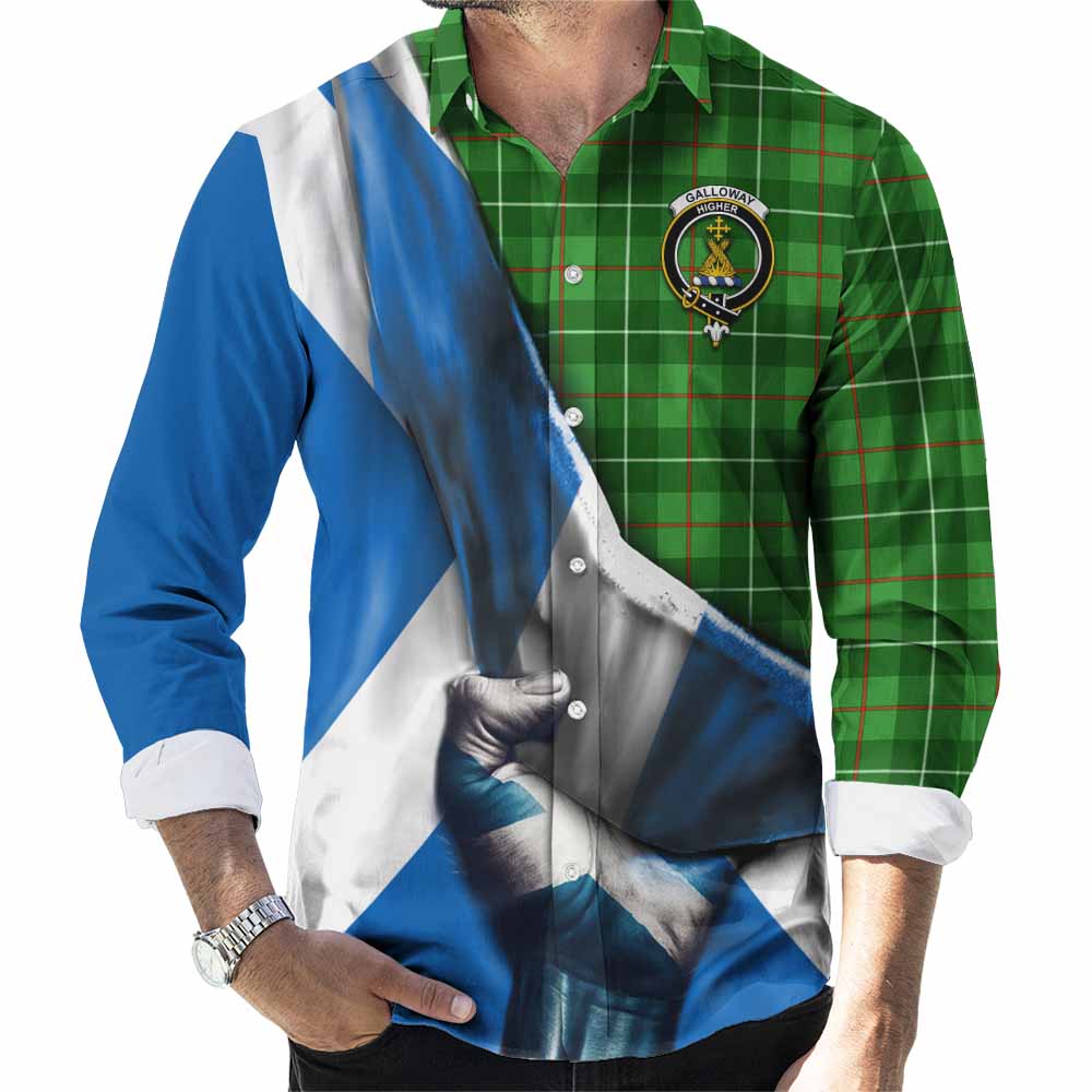 Tartan Vibes Clothing Galloway Tartan Long Sleeve Button Shirt with Family Crest Scotland Patriotic Style