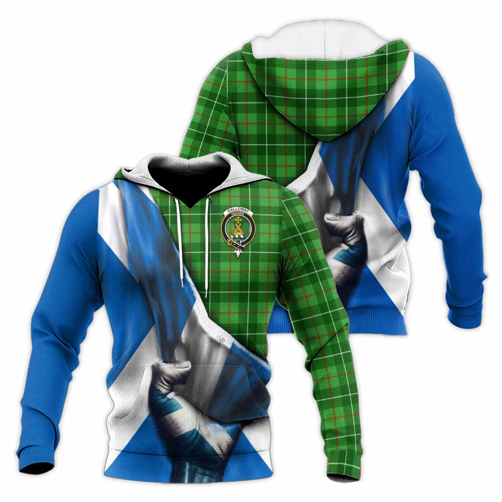 Tartan Vibes Clothing Galloway Tartan Knitted Hoodie with Family Crest Scotland Patriotic Style