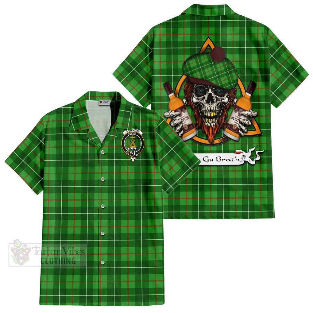 Tartan Vibes Clothing Galloway Tartan Short Sleeve Button Shirt with Family Crest and Bearded Skull Holding Bottles of Whiskey