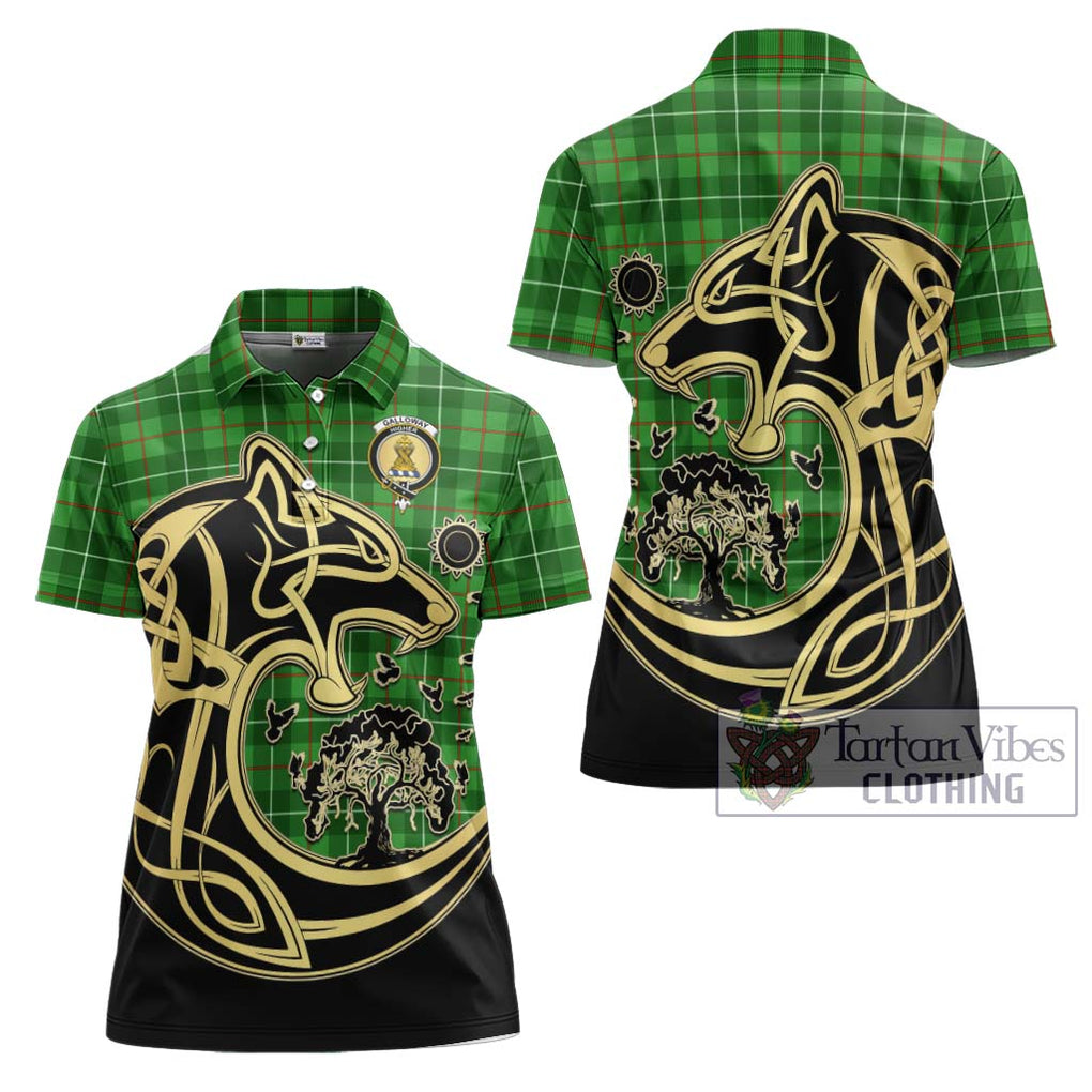 Galloway Tartan Women's Polo Shirt with Family Crest Celtic Wolf Style Women - Tartanvibesclothing Shop