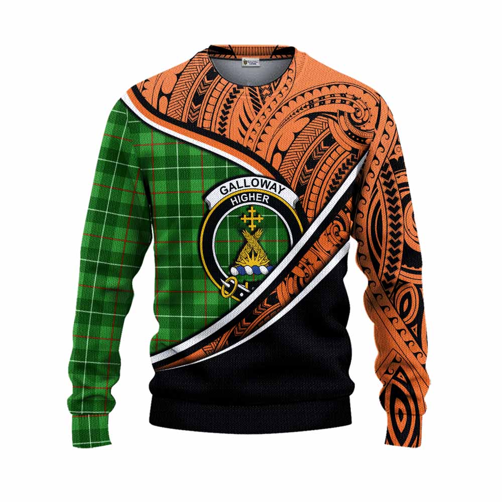 Tartan Vibes Clothing Galloway Crest Tartan Knitted Sweater with Maori Tattoo Style - Orange Version