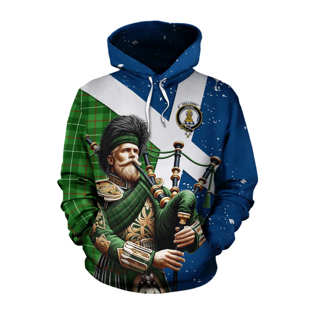 Tartan Vibes Clothing Galloway Tartan Cotton Hoodie with Family Crest Scottish Bagpiper Vibes