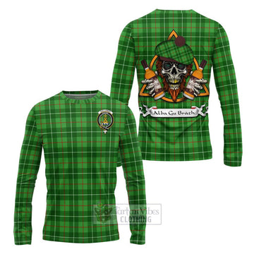 Galloway Tartan Long Sleeve T-Shirt with Family Crest and Bearded Skull Holding Bottles of Whiskey