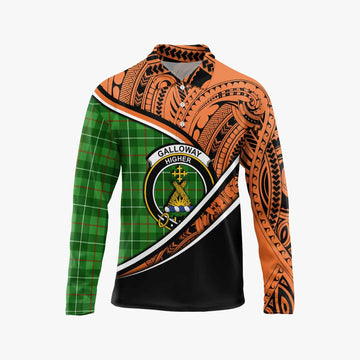 Galloway Crest Tartan Long Sleeve Polo Shirt with Polynesian Vibes Style - Orange Version