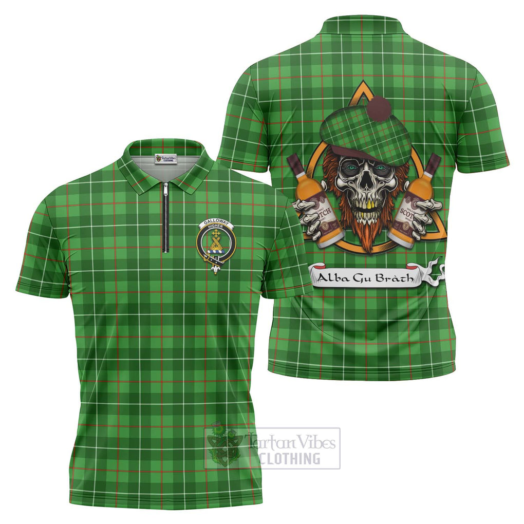 Tartan Vibes Clothing Galloway Tartan Zipper Polo Shirt with Family Crest and Bearded Skull Holding Bottles of Whiskey