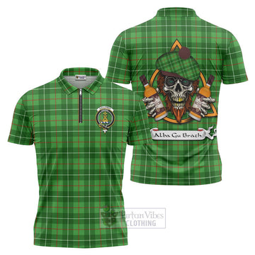 Galloway Tartan Zipper Polo Shirt with Family Crest and Bearded Skull Holding Bottles of Whiskey