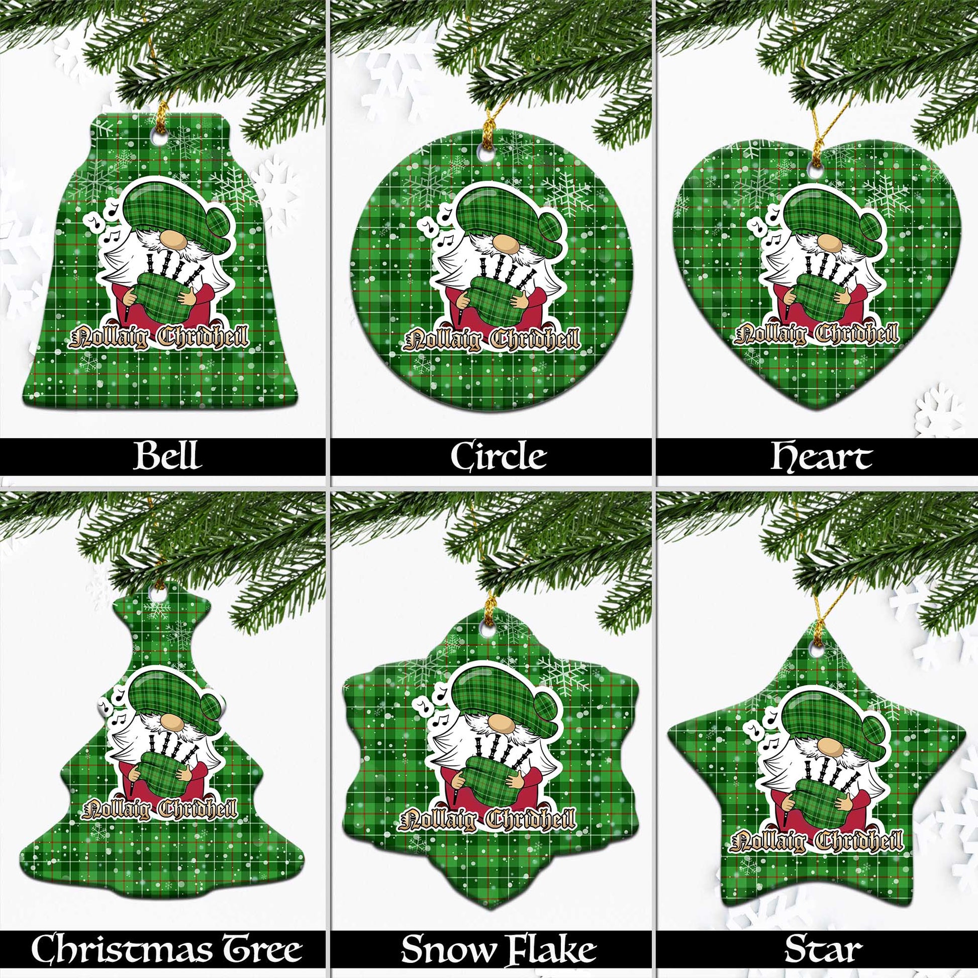 Galloway Tartan Christmas Ornaments with Scottish Gnome Playing Bagpipes Ceramic - Tartanvibesclothing