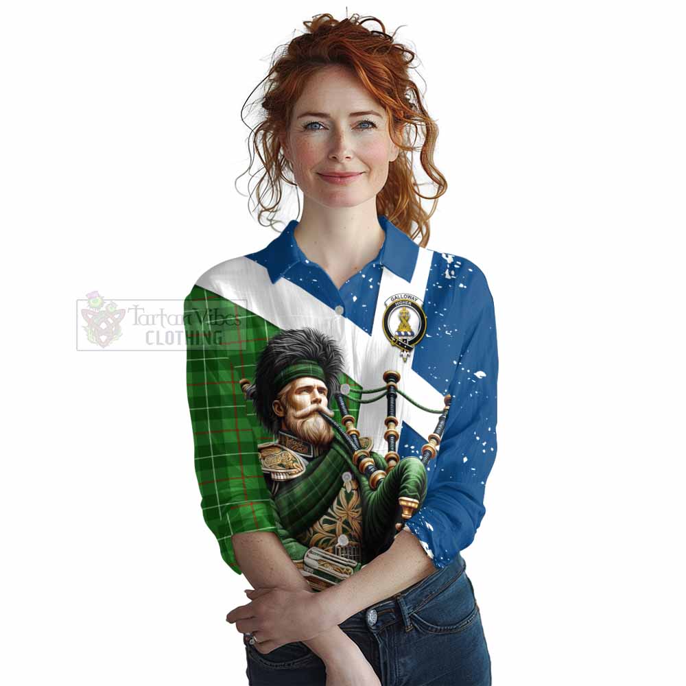 Tartan Vibes Clothing Galloway Tartan Women's Casual Shirt with Family Crest Scottish Bagpiper Vibes