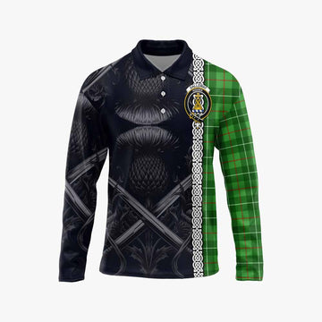 Galloway Tartan Long Sleeve Polo Shirt with Family Crest Cross Sword Thistle Celtic Vibes