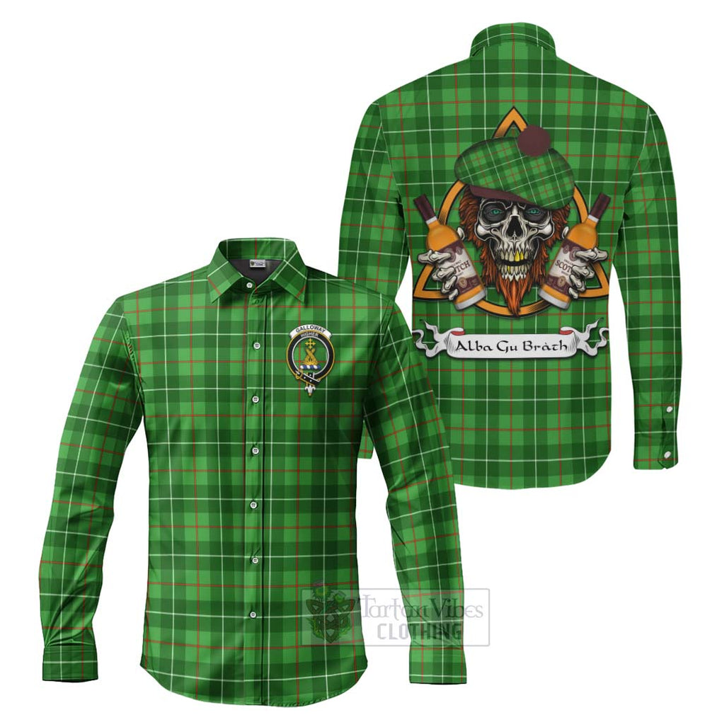 Tartan Vibes Clothing Galloway Tartan Long Sleeve Button Shirt with Family Crest and Bearded Skull Holding Bottles of Whiskey