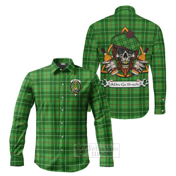 Galloway Tartan Long Sleeve Button Shirt with Family Crest and Bearded Skull Holding Bottles of Whiskey