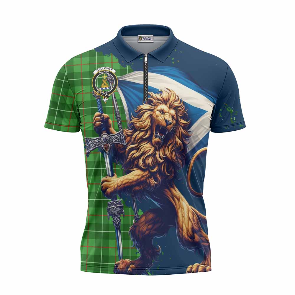 Tartan Vibes Clothing Galloway Tartan Family Crest Zipper Polo Shirt with Scottish Majestic Lion