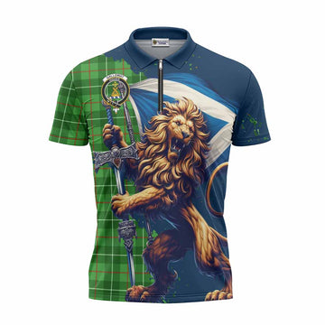 Galloway Tartan Family Crest Zipper Polo Shirt with Scottish Majestic Lion