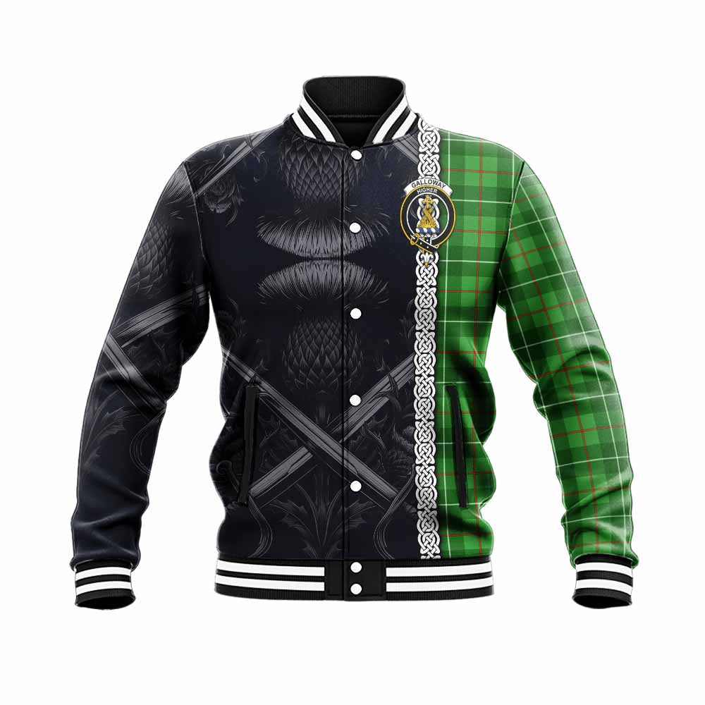 Galloway Tartan Baseball Jacket with Family Crest Cross Sword Thistle Celtic Vibes Unisex - Tartan Vibes Clothing