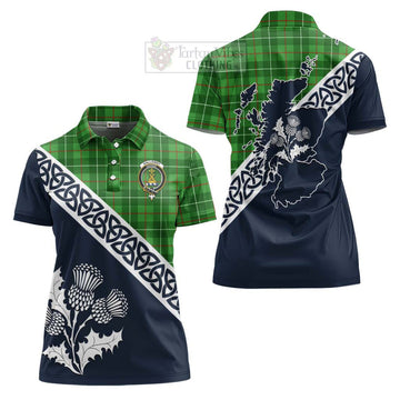 Galloway Tartan Women's Polo Shirt Featuring Thistle and Scotland Map