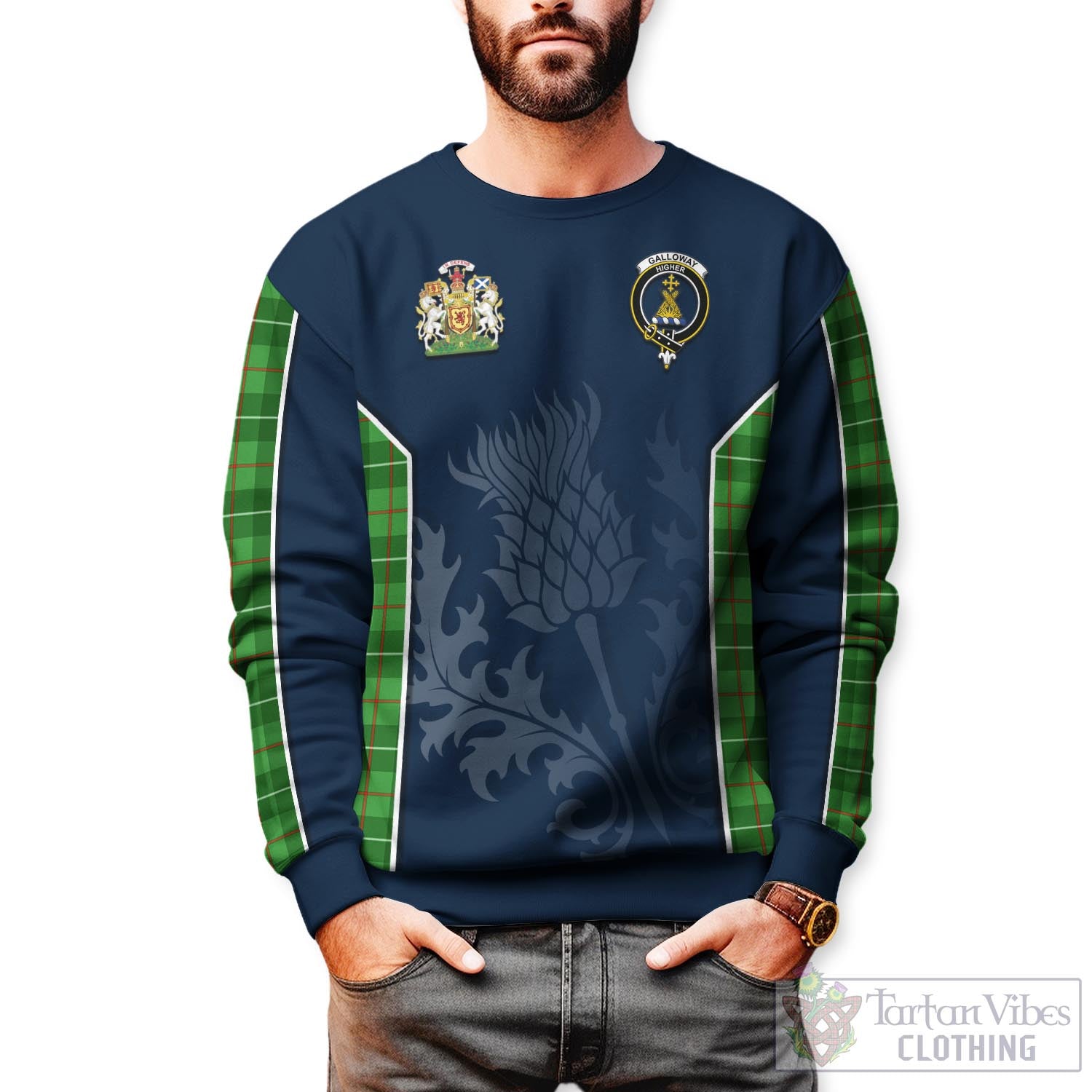 Tartan Vibes Clothing Galloway Tartan Sweatshirt with Family Crest and Scottish Thistle Vibes Sport Style