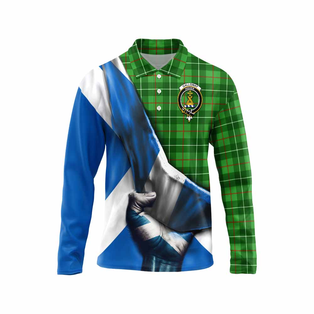 Tartan Vibes Clothing Galloway Tartan Long Sleeve Polo Shirt with Family Crest Scotland Patriotic Style