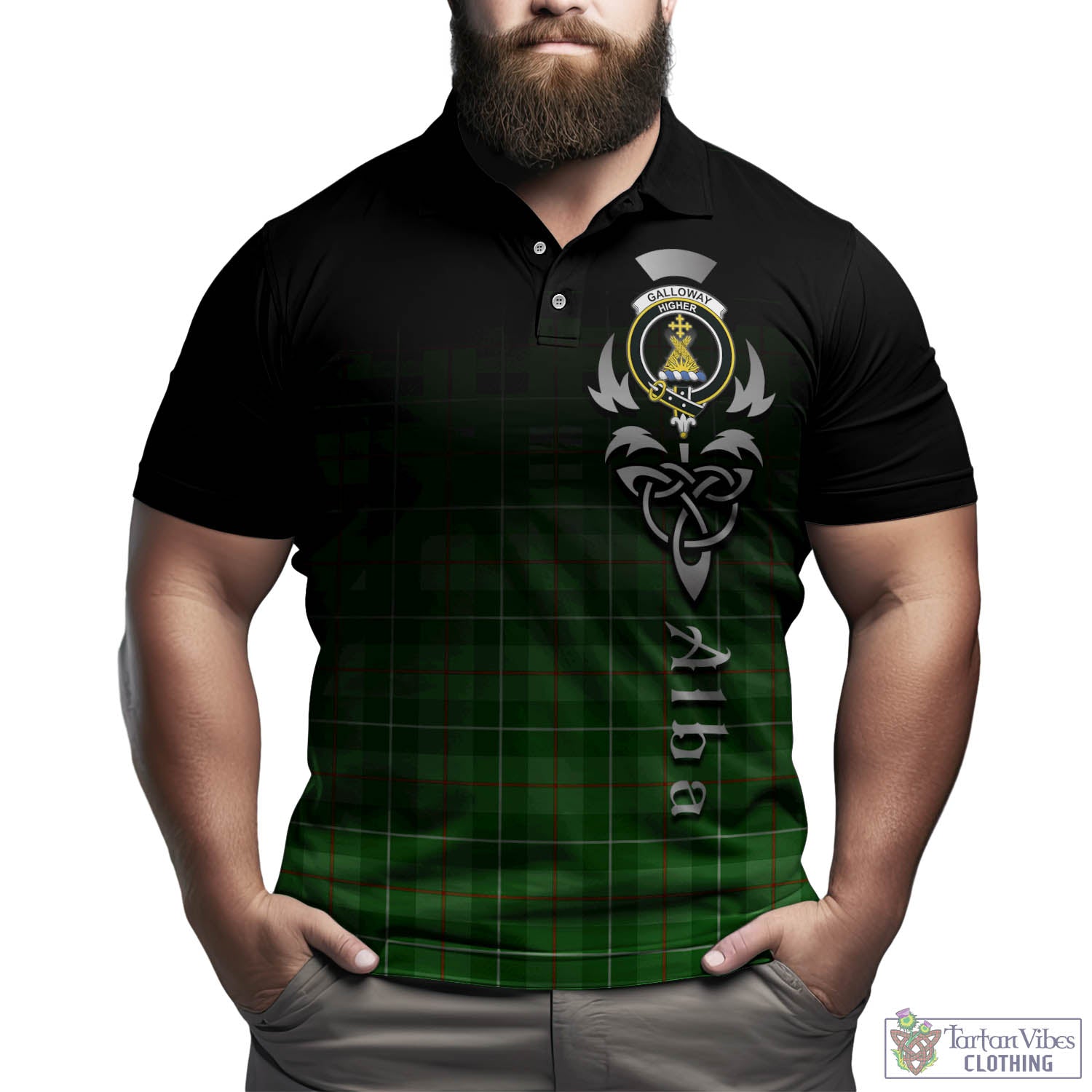 Tartan Vibes Clothing Galloway Tartan Polo Shirt Featuring Alba Gu Brath Family Crest Celtic Inspired