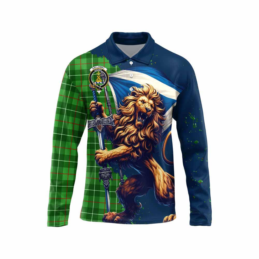 Tartan Vibes Clothing Galloway Tartan Family Crest Long Sleeve Polo Shirt with Scottish Majestic Lion