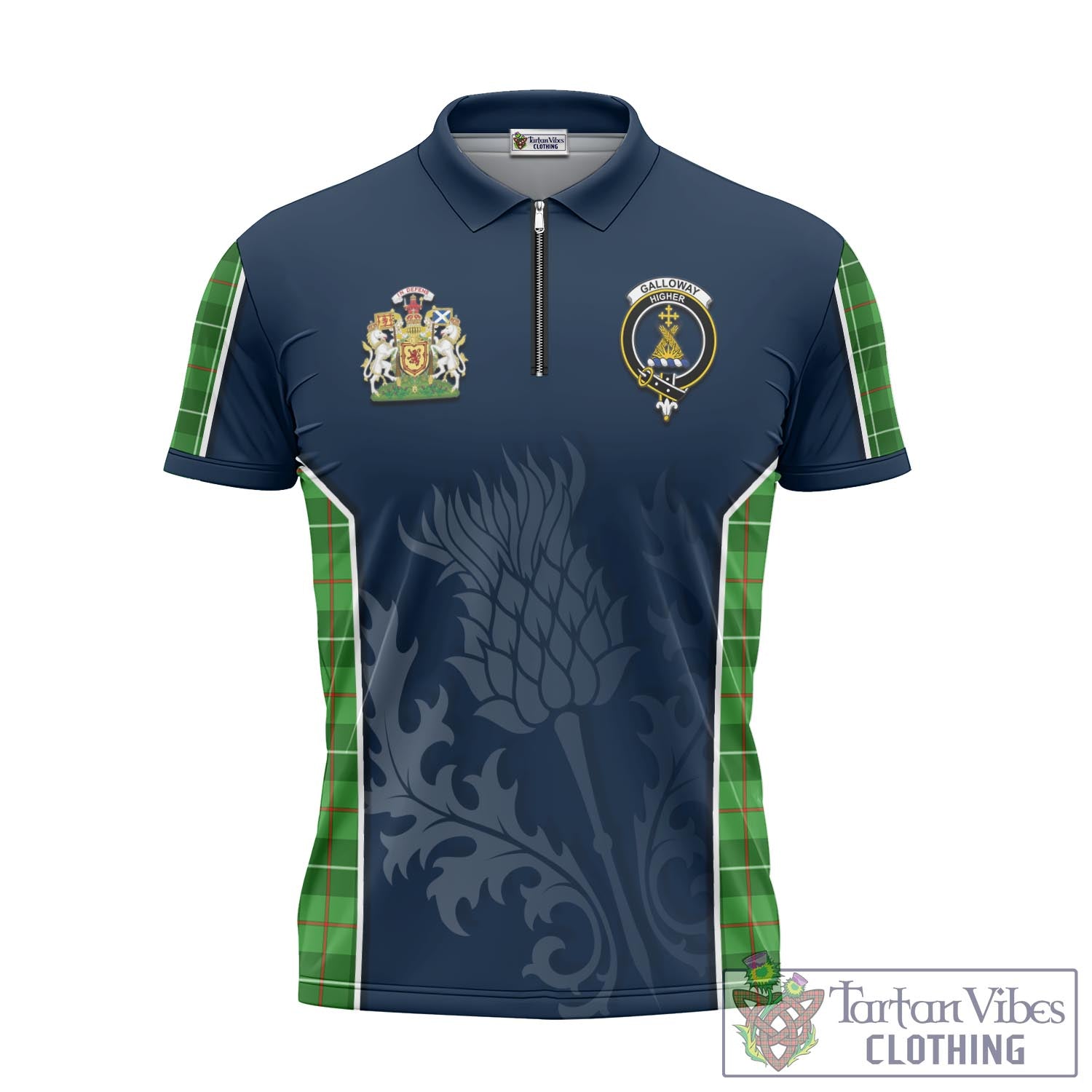 Tartan Vibes Clothing Galloway Tartan Zipper Polo Shirt with Family Crest and Scottish Thistle Vibes Sport Style