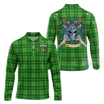 Galloway Tartan Long Sleeve Polo Shirt with Family Crest Celtic Skull Style