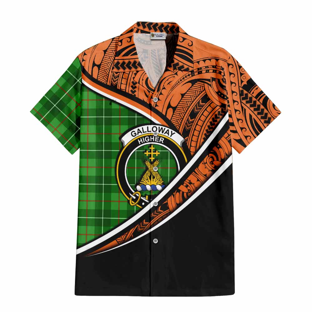 Tartan Vibes Clothing Galloway Crest Tartan Short Sleeve Button Shirt with Maori Tattoo Style - Orange Version