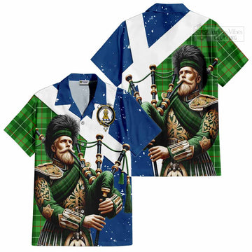 Galloway Tartan Short Sleeve Button Shirt with Family Crest Scottish Bagpiper Vibes