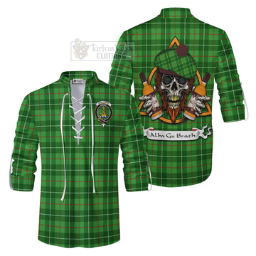 Galloway Tartan Ghillie Kilt Shirt with Family Crest and Bearded Skull Holding Bottles of Whiskey