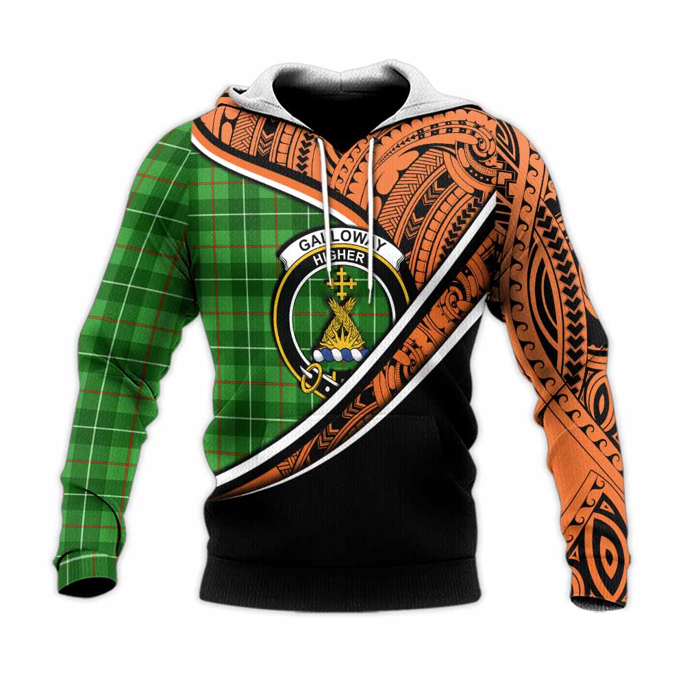 Tartan Vibes Clothing Galloway Crest Tartan Knitted Hoodie with Maori Tattoo Style - Orange Version