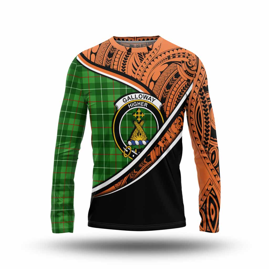 Tartan Vibes Clothing Galloway Crest Tartan Long Sleeve T-Shirt with Maori Tattoo Style - Orange Version