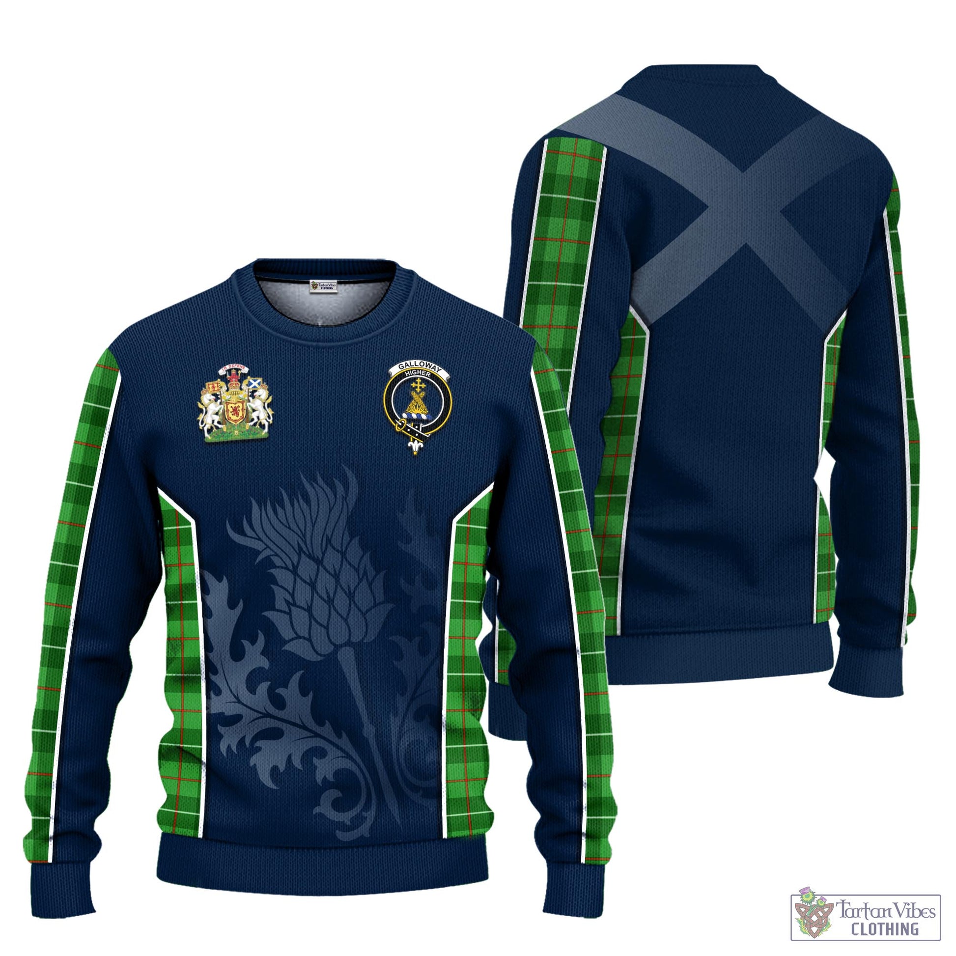 Tartan Vibes Clothing Galloway Tartan Knitted Sweatshirt with Family Crest and Scottish Thistle Vibes Sport Style