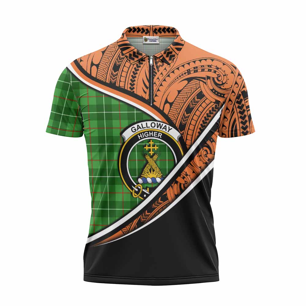 Tartan Vibes Clothing Galloway Crest Tartan Zipper Polo Shirt with Maori Tattoo Style - Orange Version