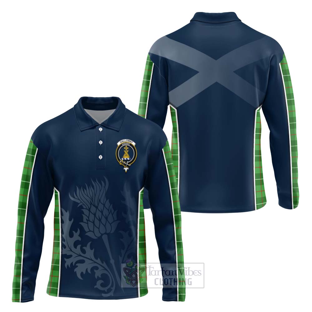 Tartan Vibes Clothing Galloway Tartan Long Sleeve Polo Shirt with Family Crest and Scottish Thistle Vibes Sport Style