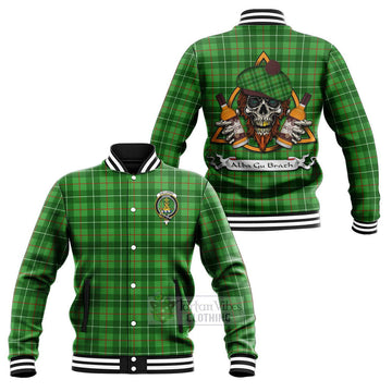 Galloway Tartan Baseball Jacket with Family Crest and Bearded Skull Holding Bottles of Whiskey