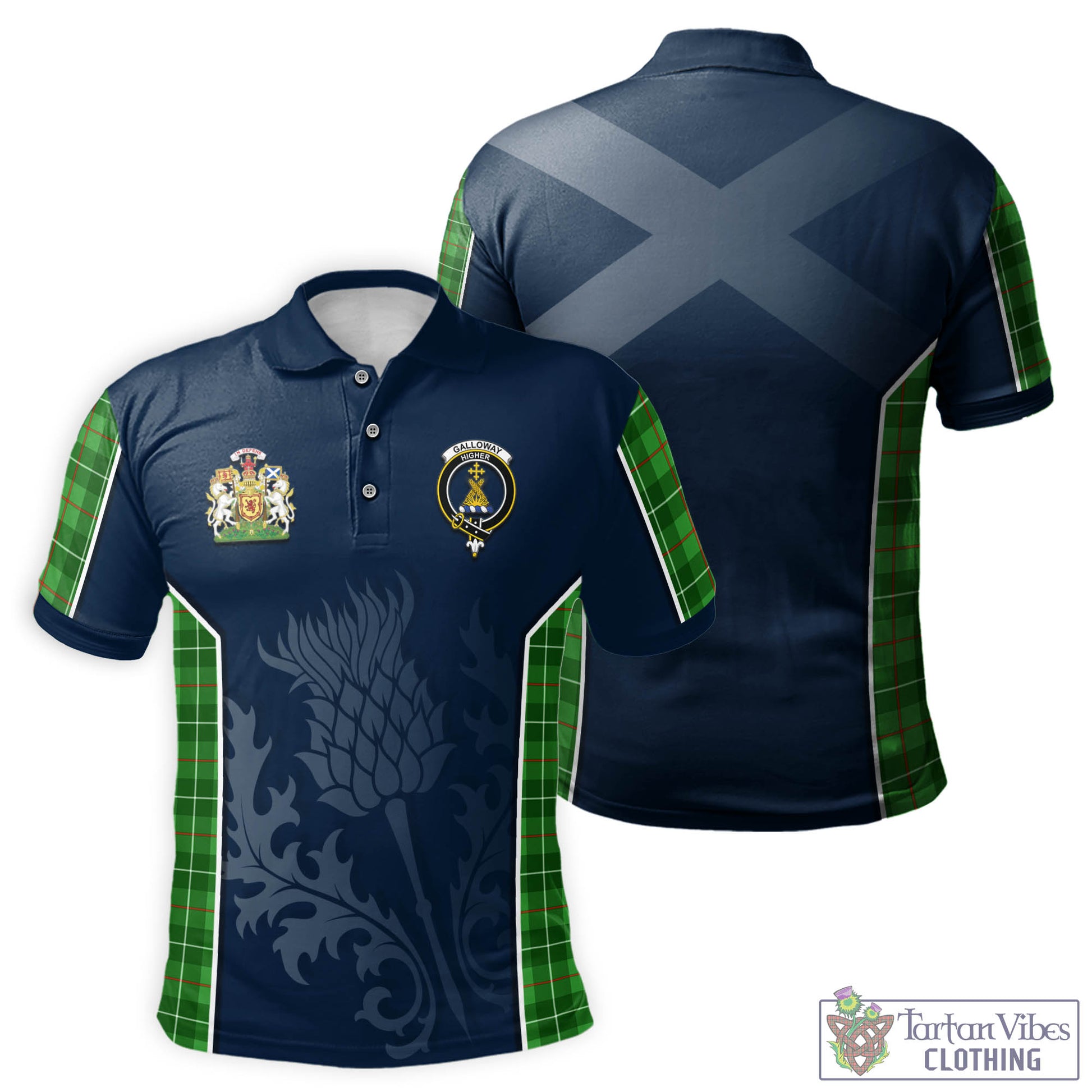 Tartan Vibes Clothing Galloway Tartan Men's Polo Shirt with Family Crest and Scottish Thistle Vibes Sport Style