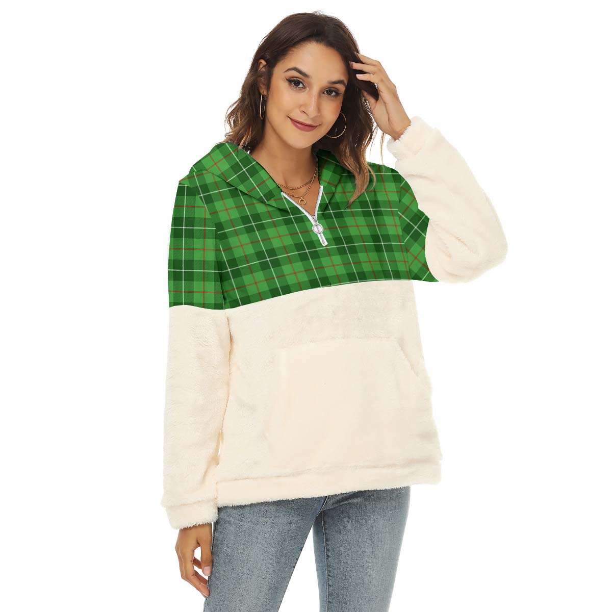 Galloway Tartan Women's Borg Fleece Hoodie With Half Zip Female - Tartanvibesclothing