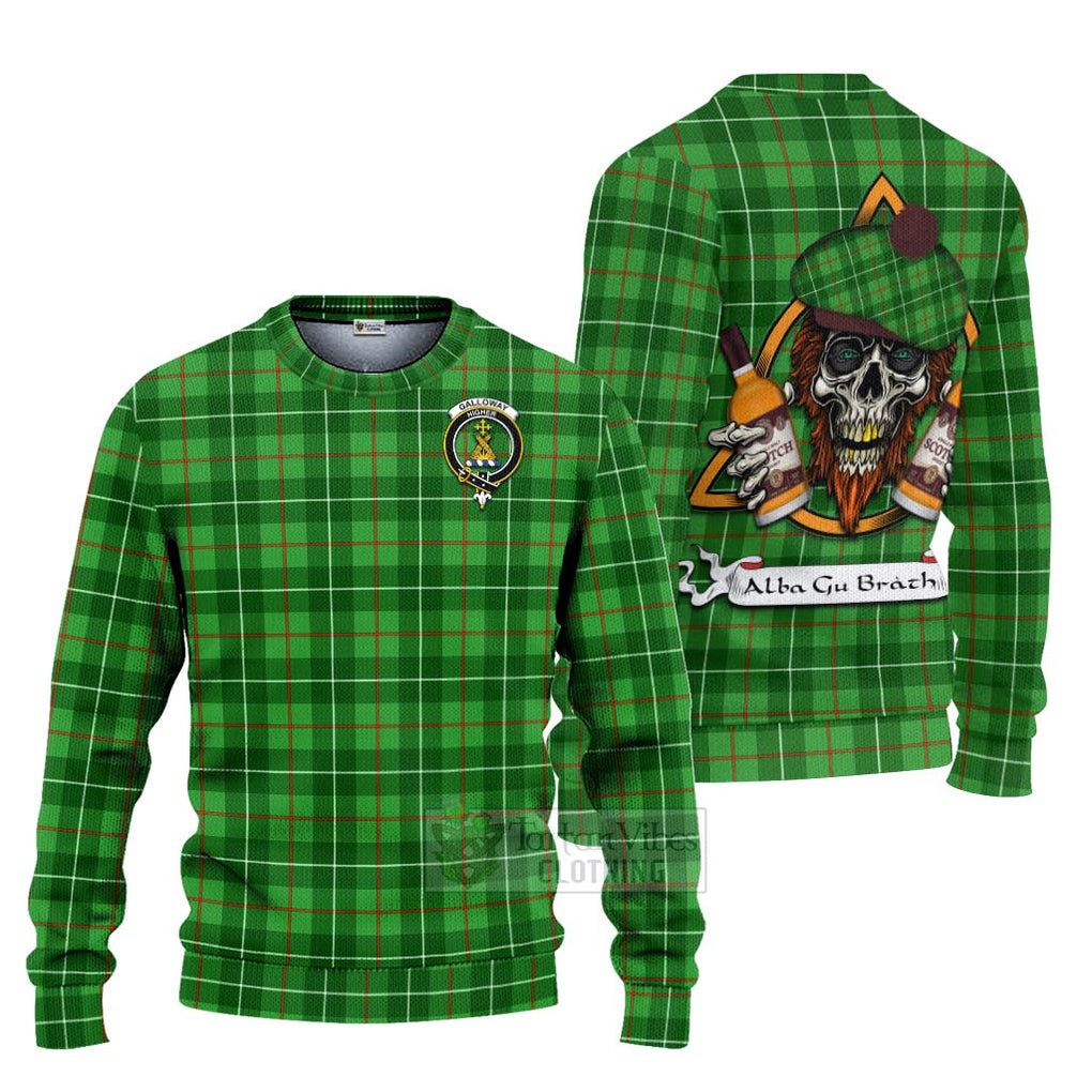 Tartan Vibes Clothing Galloway Tartan Knitted Sweater with Family Crest and Bearded Skull Holding Bottles of Whiskey