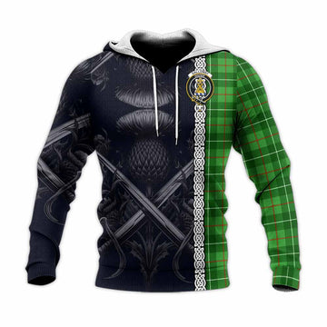 Galloway Tartan Knitted Hoodie with Family Crest Cross Sword Thistle Celtic Vibes