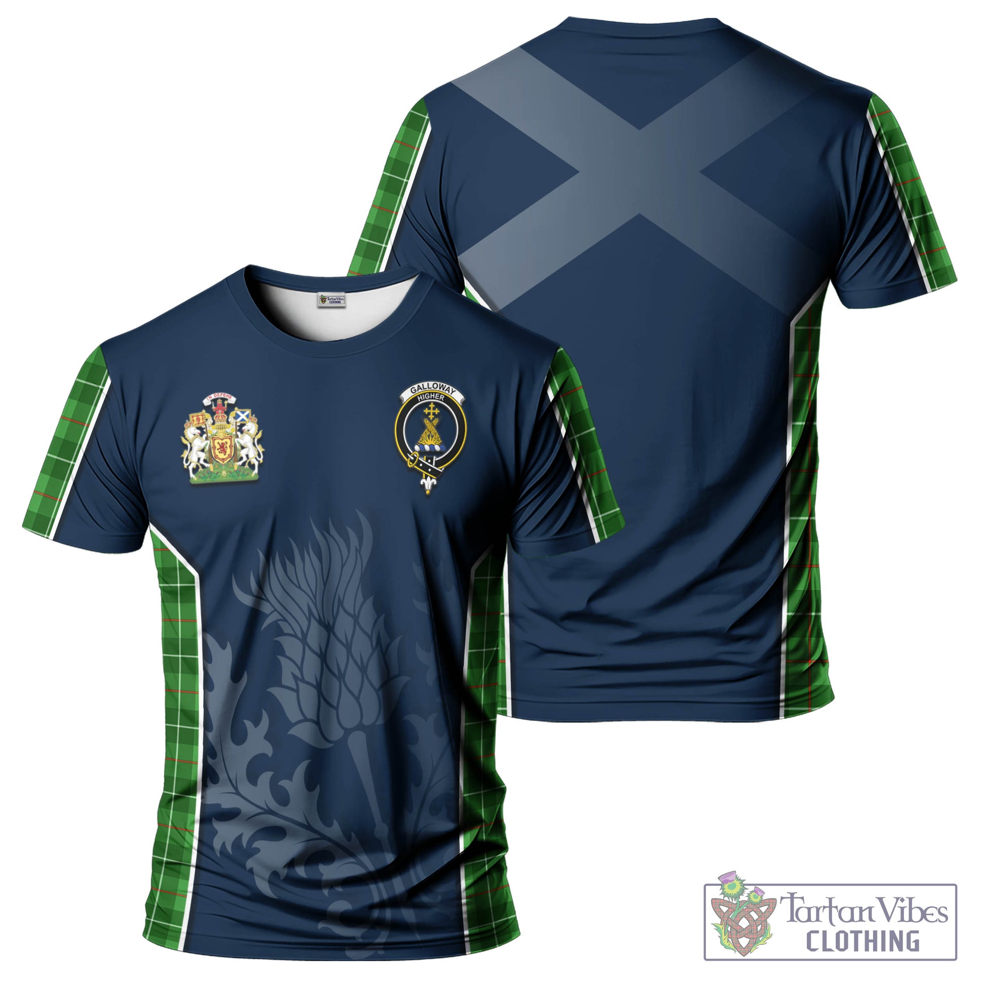 Tartan Vibes Clothing Galloway Tartan T-Shirt with Family Crest and Scottish Thistle Vibes Sport Style