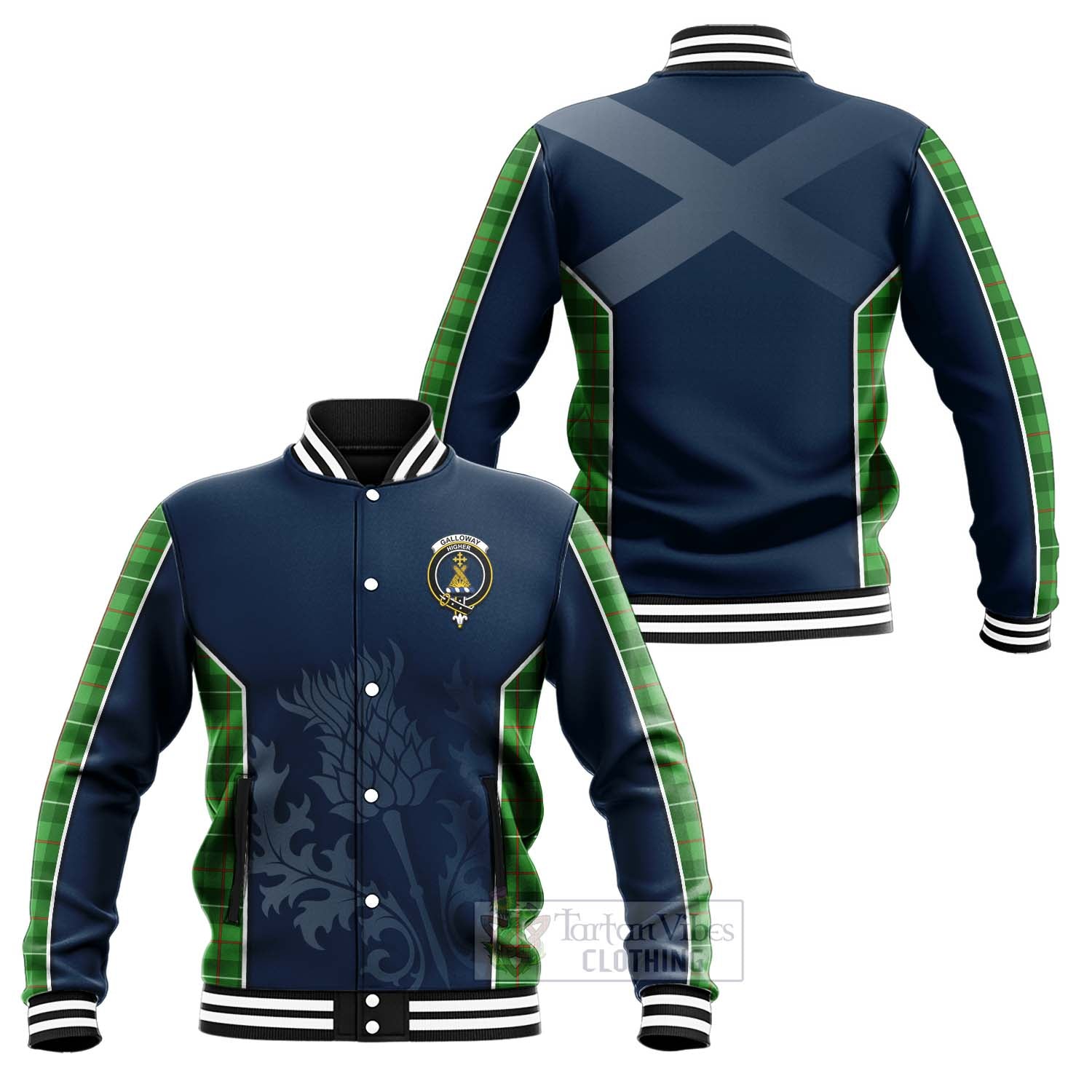 Tartan Vibes Clothing Galloway Tartan Baseball Jacket with Family Crest and Scottish Thistle Vibes Sport Style