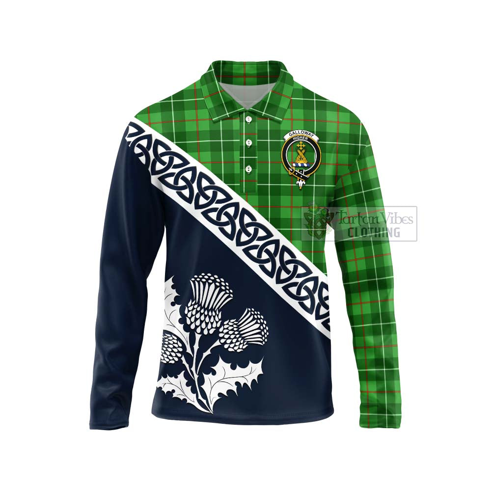 Tartan Vibes Clothing Galloway Tartan Long Sleeve Polo Shirt Featuring Thistle and Scotland Map