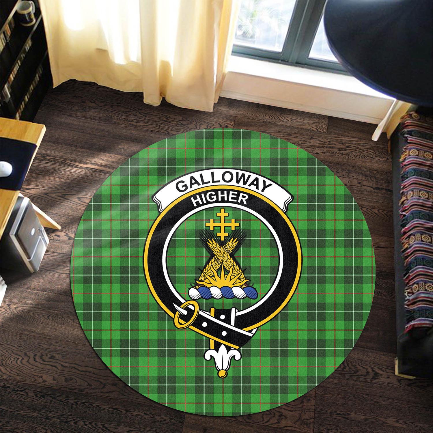 galloway-tartan-round-rug-with-family-crest