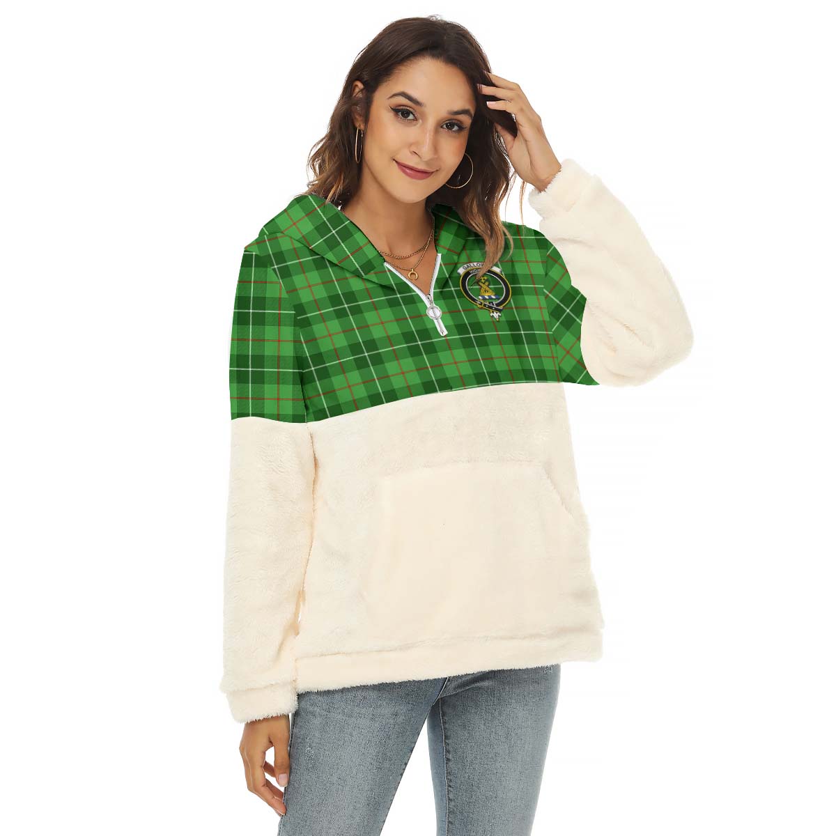 Galloway Tartan Women's Borg Fleece Hoodie With Half Zip with Family Crest Female - Tartan Vibes Clothing