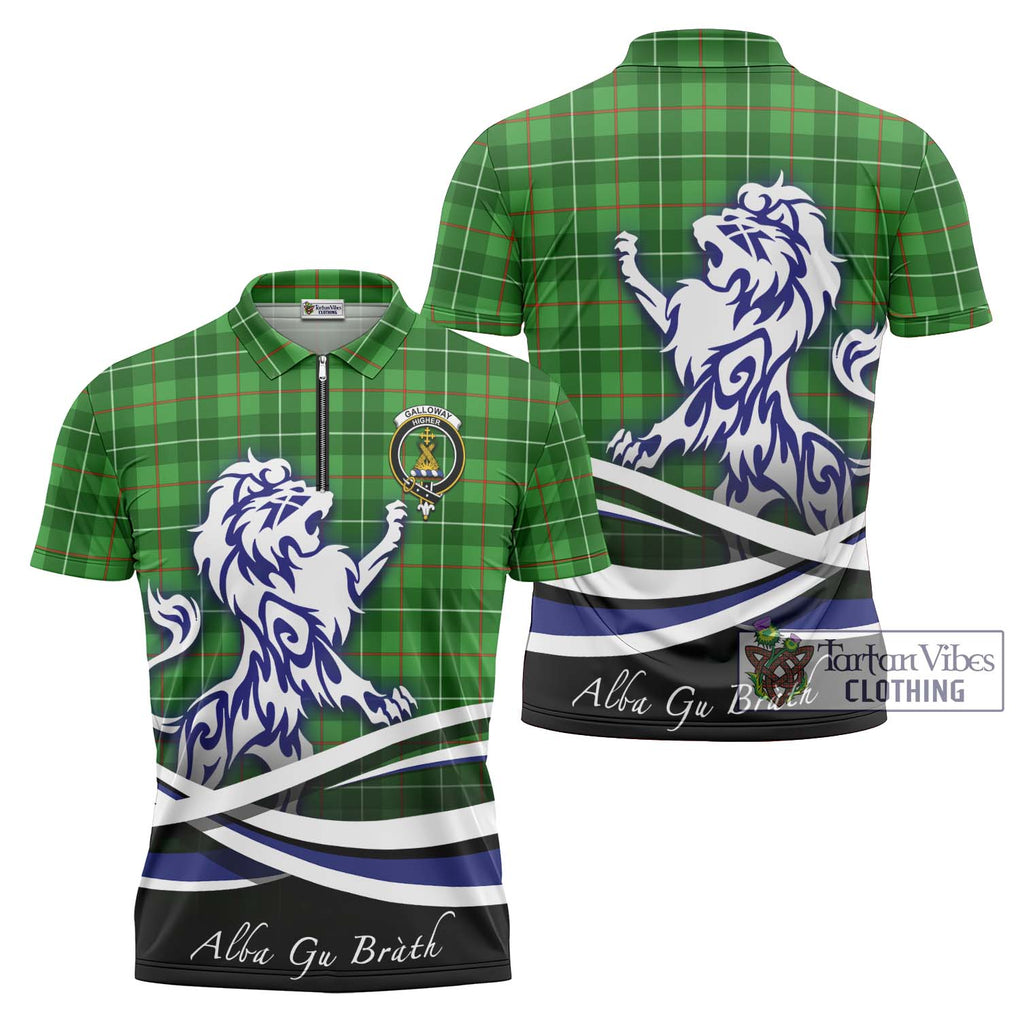 Galloway Tartan Zipper Polo Shirt with Alba Gu Brath Regal Lion Emblem Unisex - Tartanvibesclothing Shop