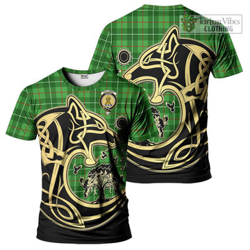 Galloway Tartan T-Shirt with Family Crest Celtic Wolf Style