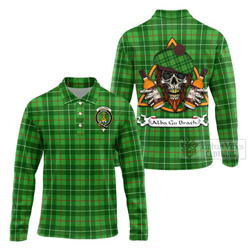 Galloway Tartan Long Sleeve Polo Shirt with Family Crest and Bearded Skull Holding Bottles of Whiskey