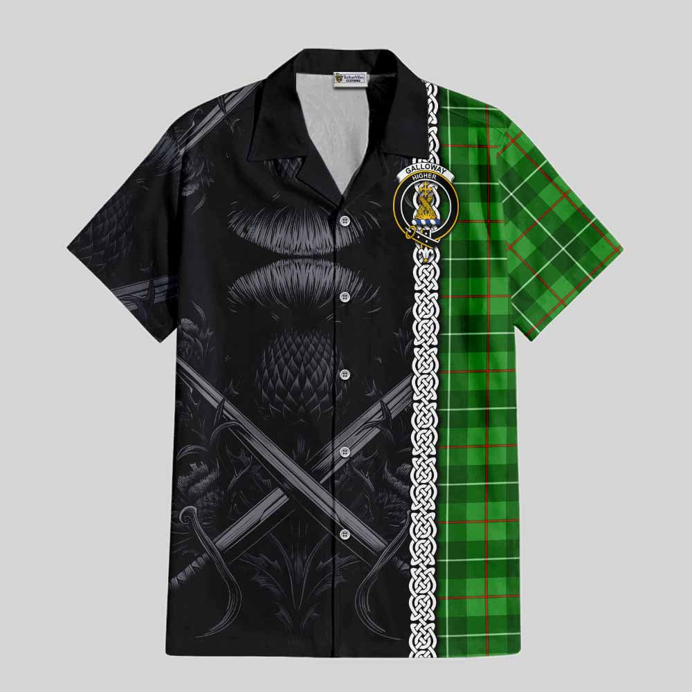 Tartan Vibes Clothing Galloway Tartan Short Sleeve Button Shirt with Family Crest Cross Sword Thistle Celtic Vibes